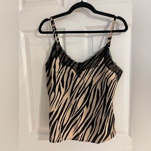 Satin Animal Print Tank Top with Front Lace Detail